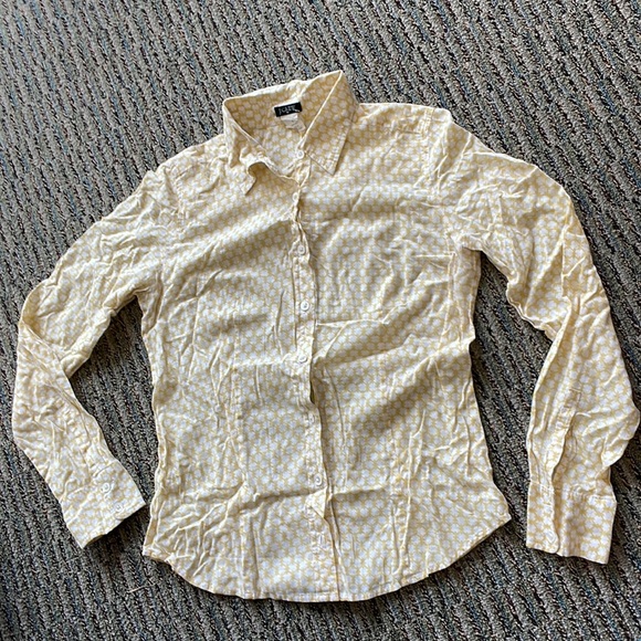 J. Crew Yellow White Long Sleeves Button Down Up Fitted Blouse S Small Circles - Picture 14 of 15